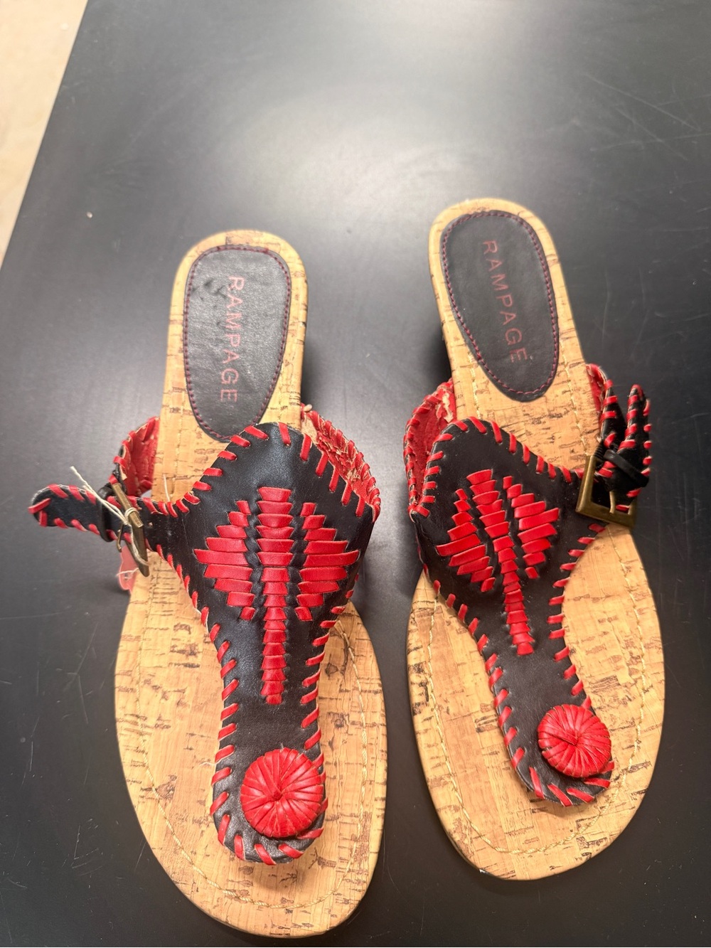 Rampage Black & Red Woven Thong Sandals with Cork Footbed